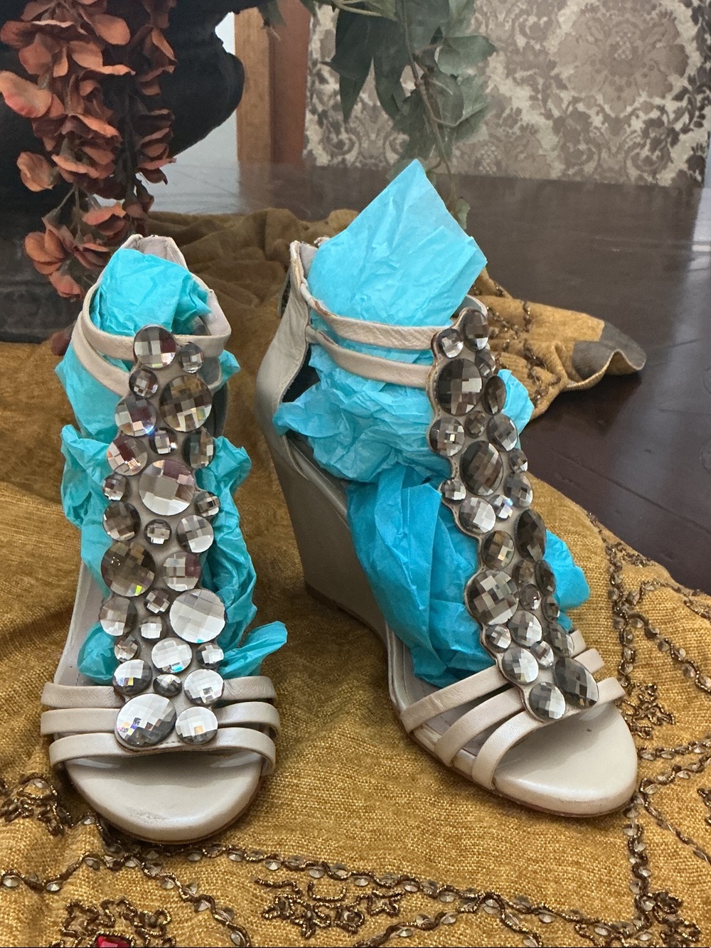 Vince Camuto Beige Jeweled Wedge Sandals
